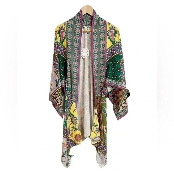 Umgee Jade Mixed Scarf Print Angel Sleeve Open Front Kimono Size M NWT - Picture 2 of 10